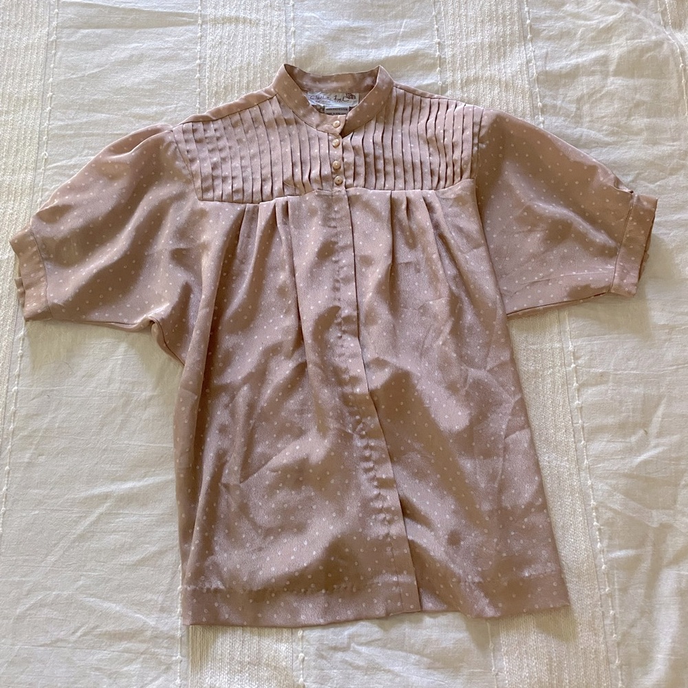 Vintage blouse Charlotte Ford 8 blush pink with polka dots short sleeve blouse